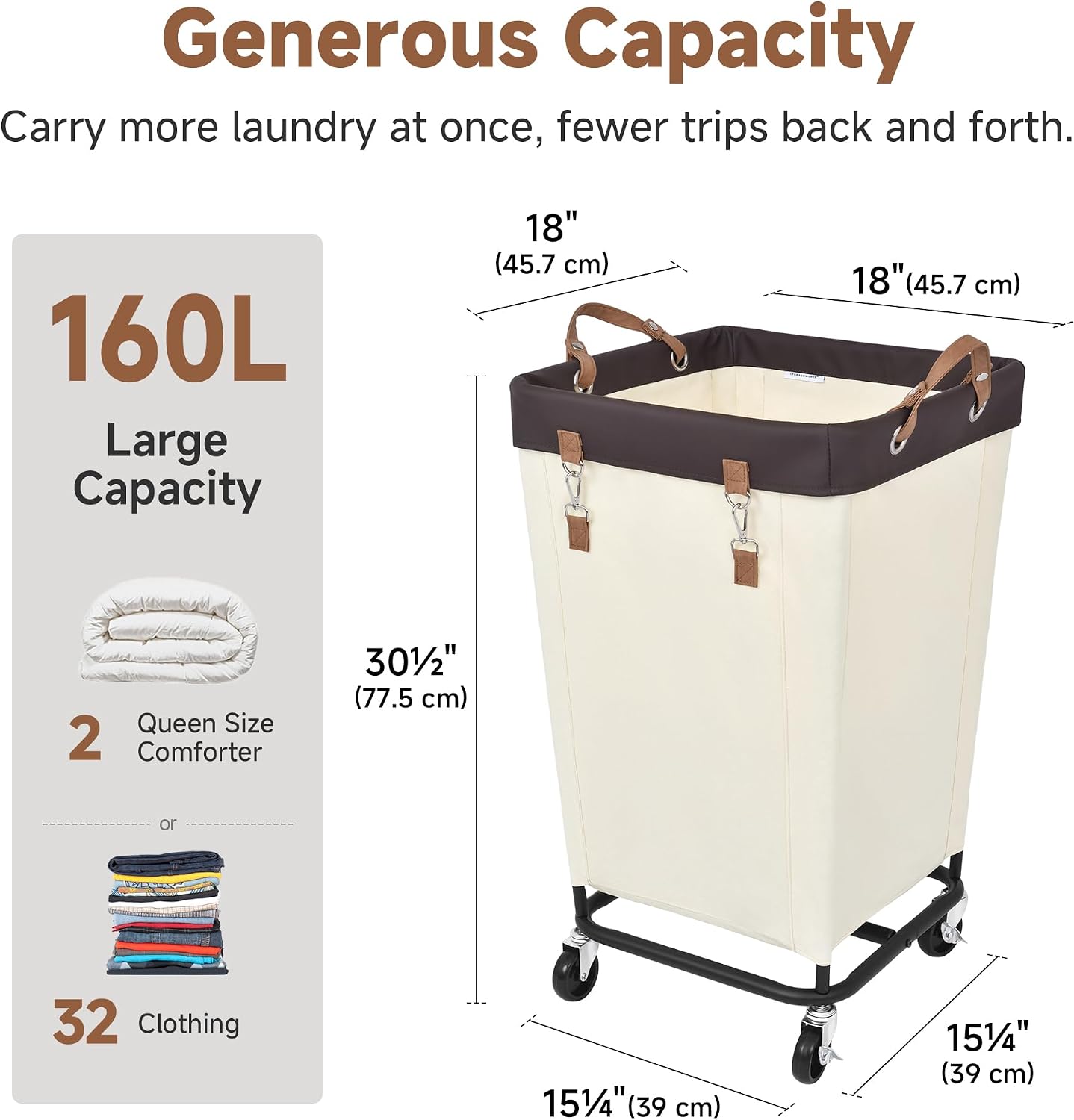 Rolling Laundry Hamper 160L with Wheels and Metal Frame