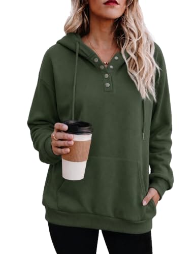 Army Green Color Women’s Button V-Neck Hooded Sweatshirt Pullover