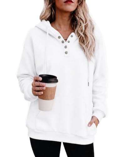 White Color Women’s Button V-Neck Hooded Sweatshirt Pullover