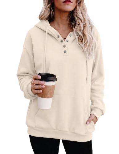 Moon Grey Color Women’s Button V-Neck Hooded Sweatshirt Pullover