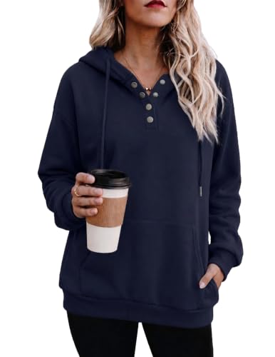 Navy Color Women’s Button V-Neck Hooded Sweatshirt Pullover