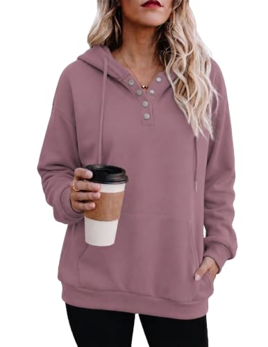 Gray Pink Color Women’s Button V-Neck Hooded Sweatshirt Pullover