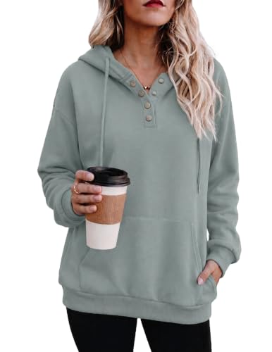 Gray Green Color Women’s Button V-Neck Hooded Sweatshirt Pullover