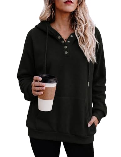 A01-black Color Women’s Button V-Neck Hooded Sweatshirt Pullover