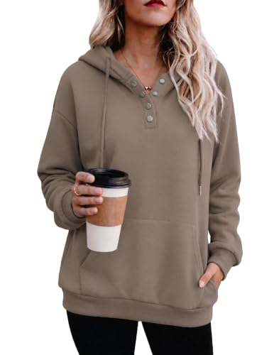 Coffee Grey Color Women’s Button V-Neck Hooded Sweatshirt Pullover