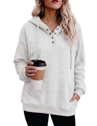 White Grey Color Women’s Button V-Neck Hooded Sweatshirt Pullover