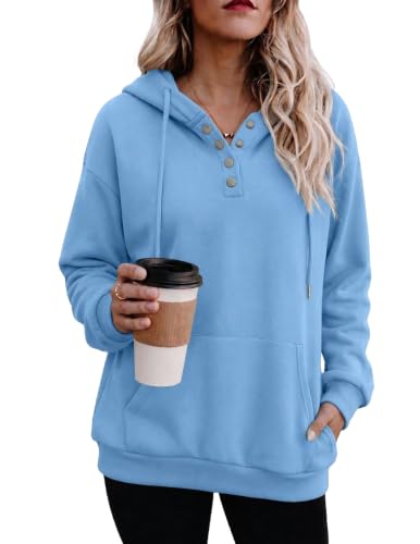 Light Blue Color Women’s Button V-Neck Hooded Sweatshirt Pullover
