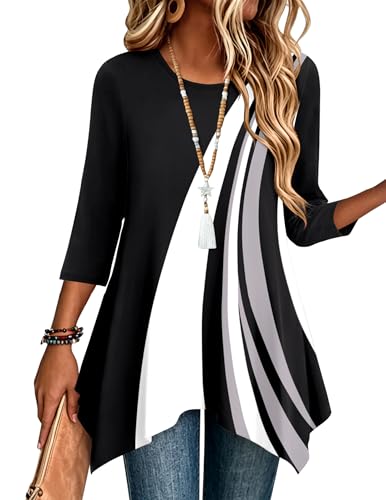Jh540 Color Women’s 3/4 Sleeve Tunic Top – Loose Fit Asymmetrical Hem