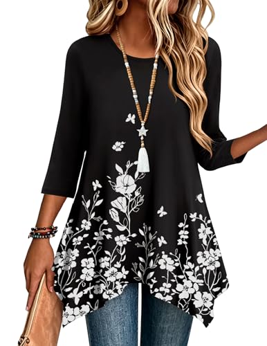 Sf231 Color Women’s 3/4 Sleeve Tunic Top – Loose Fit Asymmetrical Hem