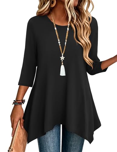 B Color Women’s 3/4 Sleeve Tunic Top – Loose Fit Asymmetrical Hem
