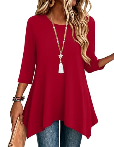 Tr Color Women’s 3/4 Sleeve Tunic Top – Loose Fit Asymmetrical Hem