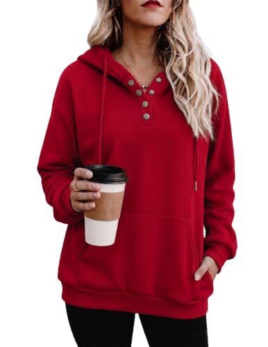 Red Color Women’s Button V-Neck Hooded Sweatshirt Pullover