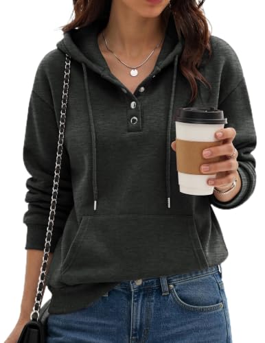Dark Grey Color Women’s Button V-Neck Hooded Sweatshirt Pullover