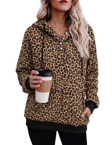 Leopard Print Color Women’s Button V-Neck Hooded Sweatshirt Pullover