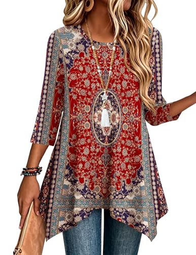 Mz870 Color Women’s 3/4 Sleeve Tunic Top – Loose Fit Asymmetrical Hem