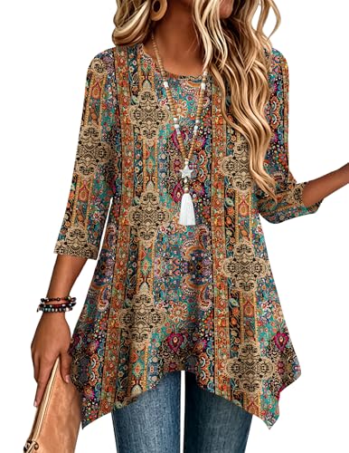 Mz721 Color Women’s 3/4 Sleeve Tunic Top – Loose Fit Asymmetrical Hem