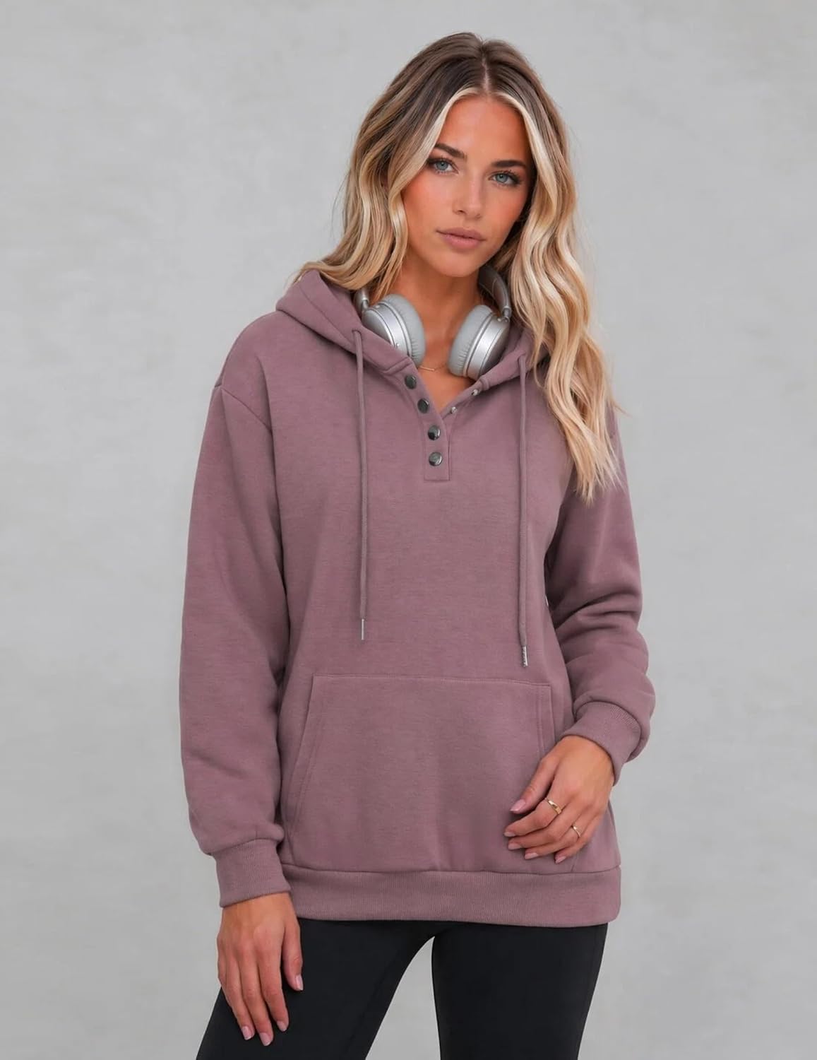 Women’s Button V-Neck Hooded Sweatshirt Pullover