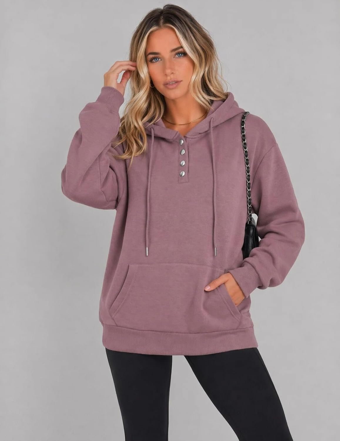 Women’s Button V-Neck Hooded Sweatshirt Pullover