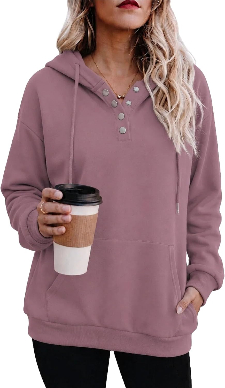 Women’s Button V-Neck Hooded Sweatshirt Pullover