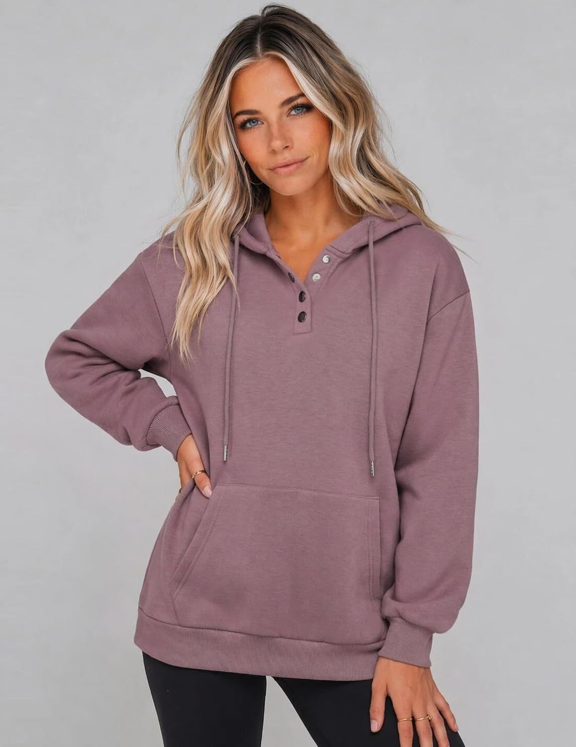 Women’s Button V-Neck Hooded Sweatshirt Pullover