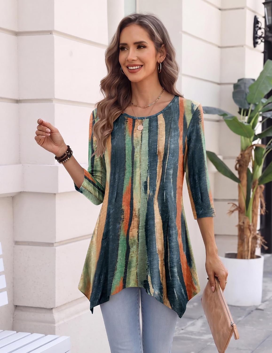 Women’s 3/4 Sleeve Tunic Top – Loose Fit Asymmetrical Hem