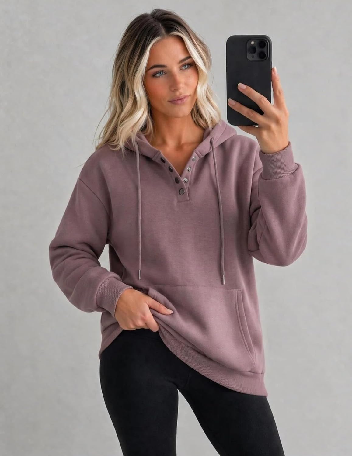 Women’s Button V-Neck Hooded Sweatshirt Pullover