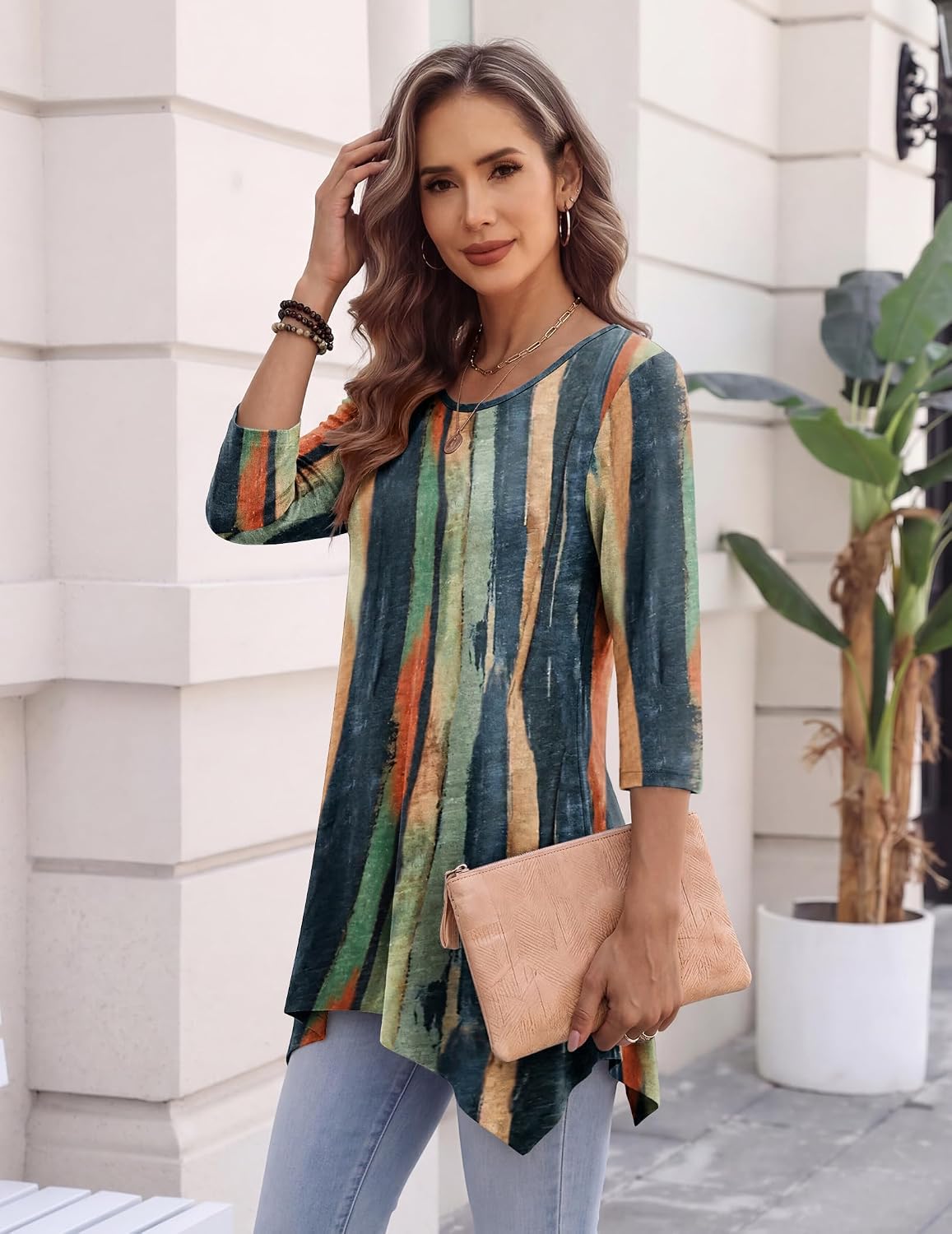 Women’s 3/4 Sleeve Tunic Top – Loose Fit Asymmetrical Hem