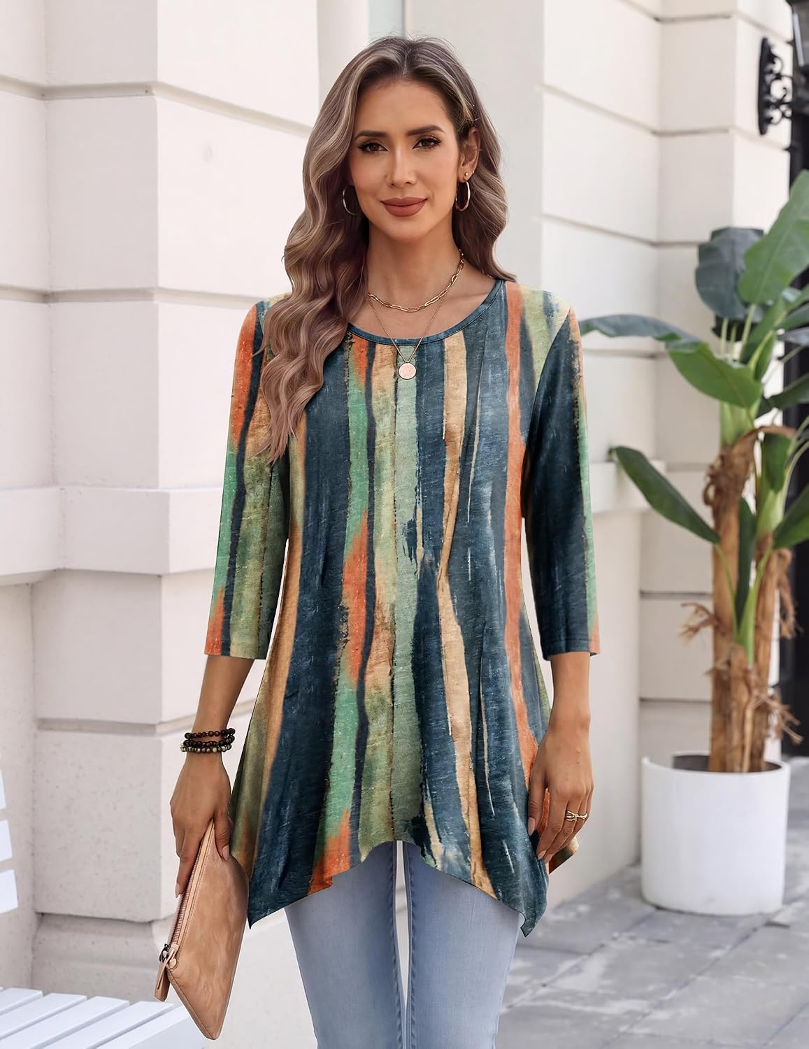 Women’s 3/4 Sleeve Tunic Top – Loose Fit Asymmetrical Hem