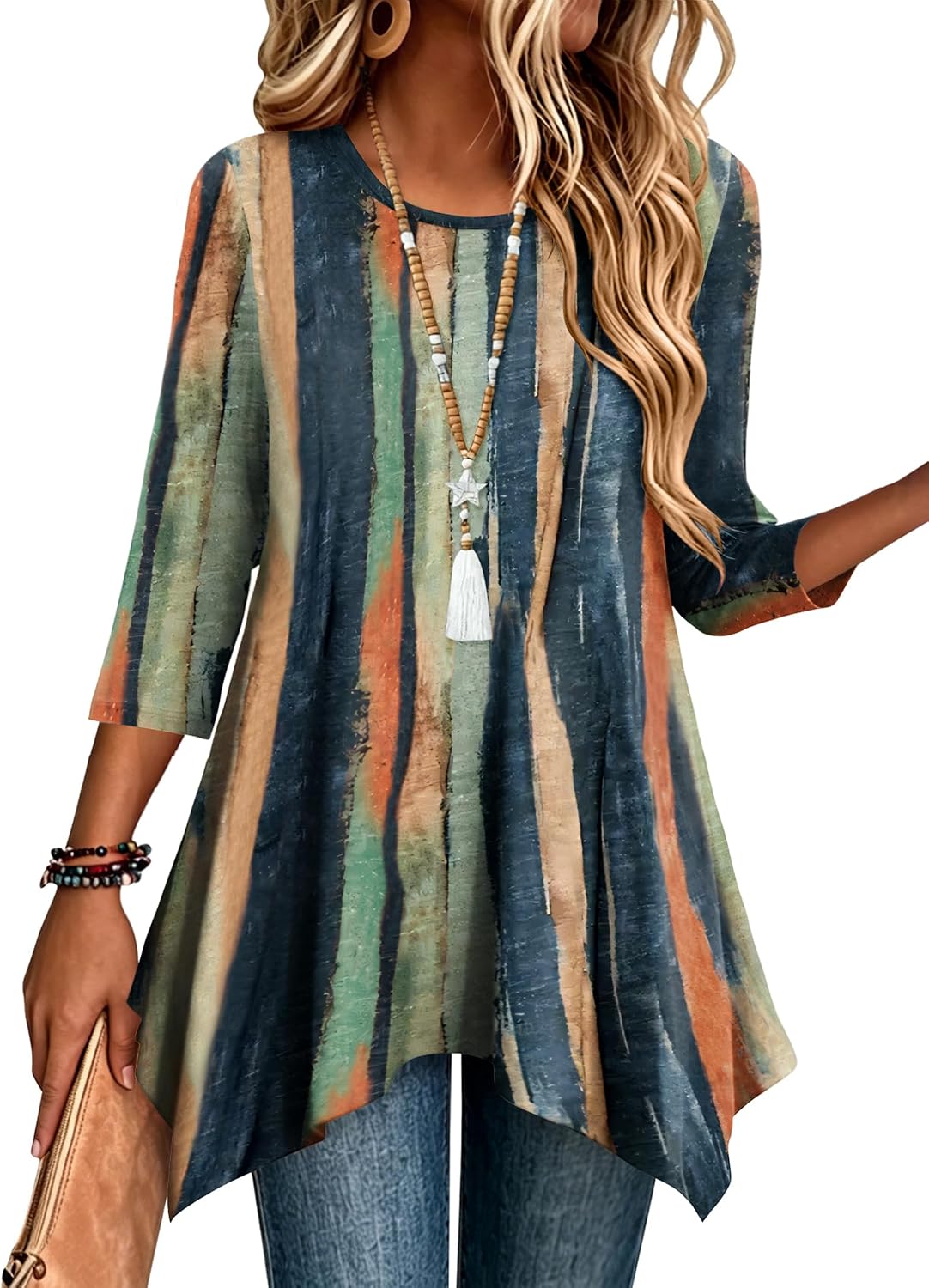 Women’s 3/4 Sleeve Tunic Top – Loose Fit Asymmetrical Hem