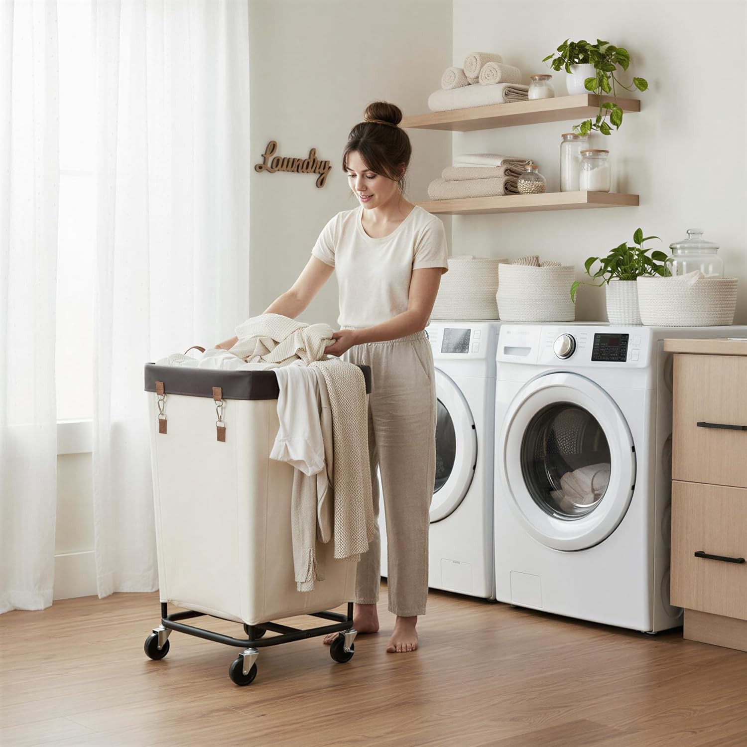 Rolling Laundry Hamper 160L with Wheels and Metal Frame