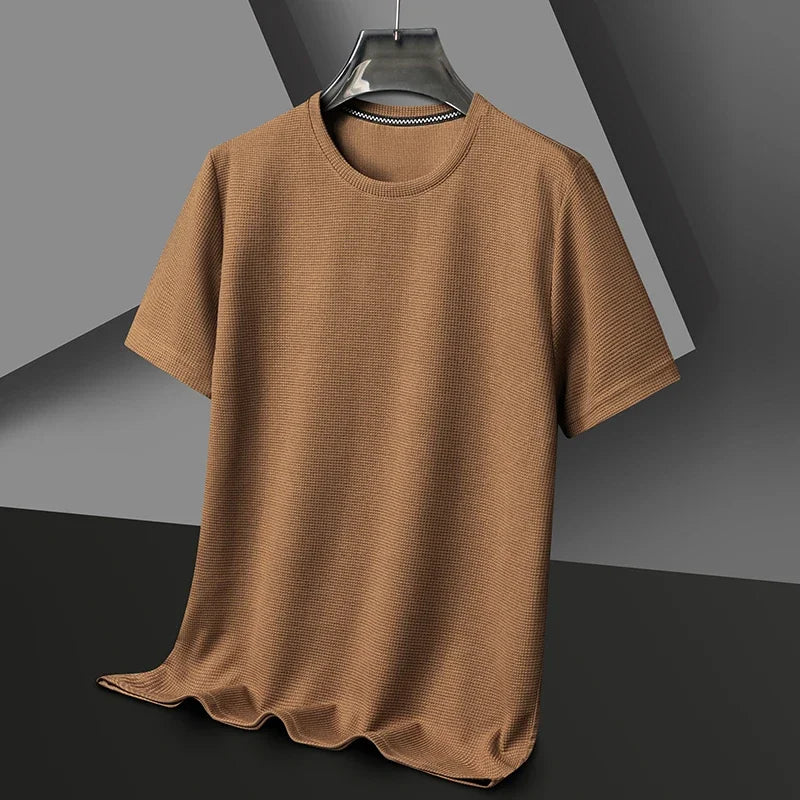YELLOW Color Men's Waffle Knit Short Sleeve T-Shirt Casual Top