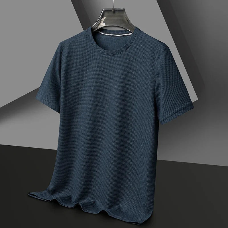 Navy Blue Color Men's Waffle Knit Short Sleeve T-Shirt Casual Top