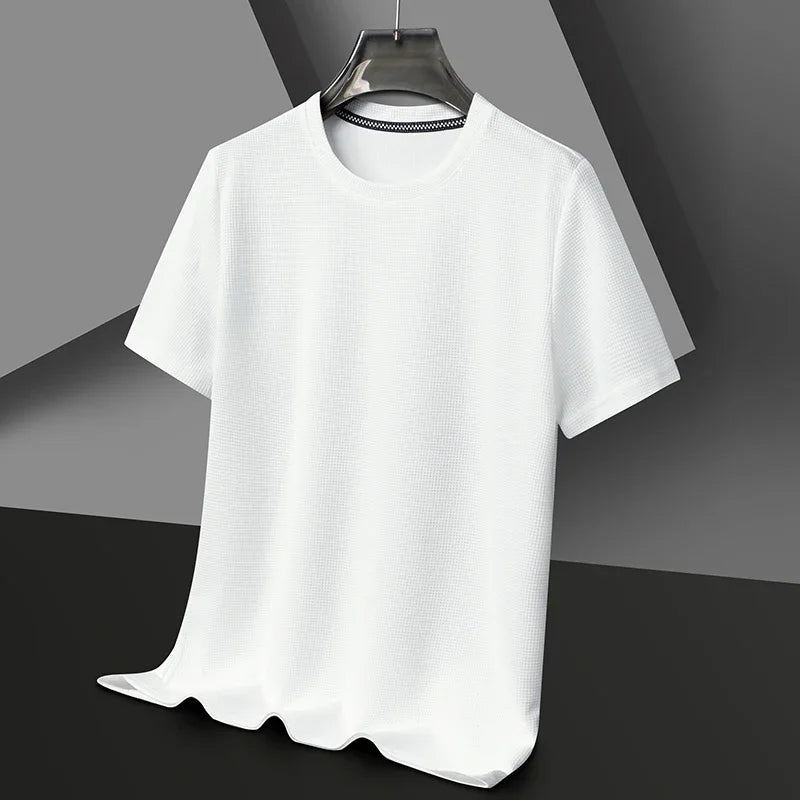 WHITE Color Men's Waffle Knit Short Sleeve T-Shirt Casual Top