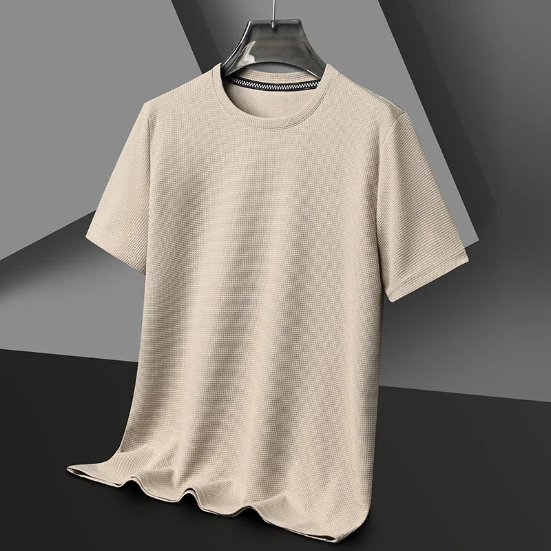 Khaki Color Men's Waffle Knit Short Sleeve T-Shirt Casual Top