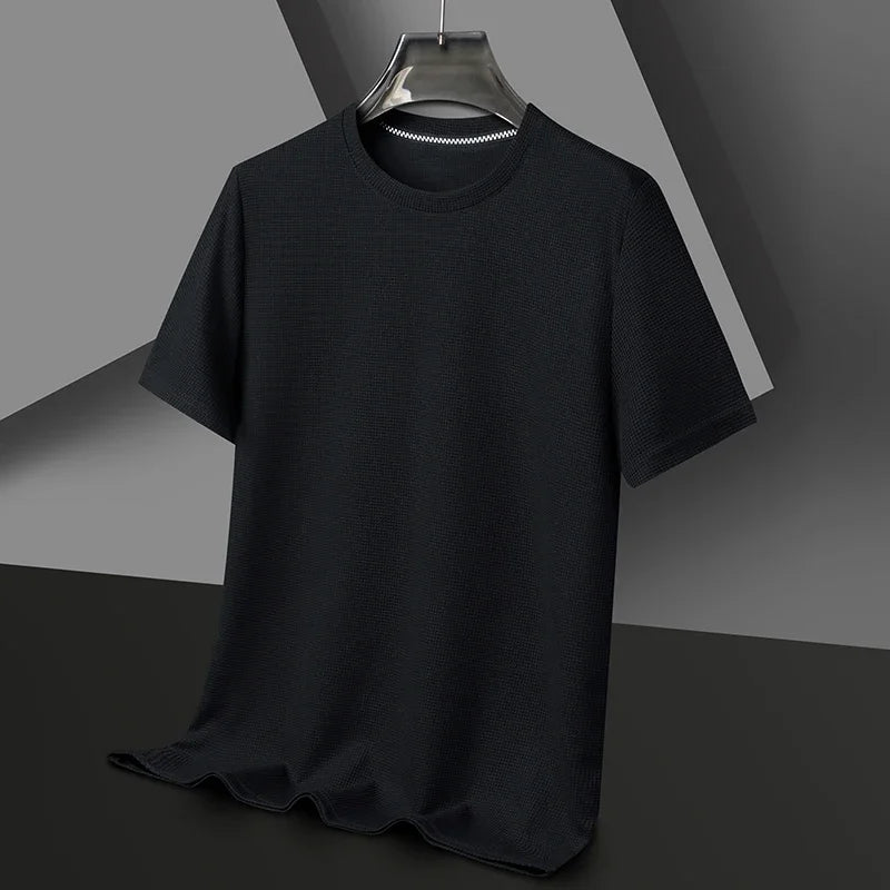 black Color Men's Waffle Knit Short Sleeve T-Shirt Casual Top