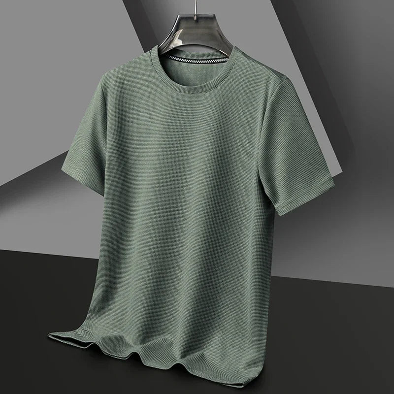 green Color Men's Waffle Knit Short Sleeve T-Shirt Casual Top